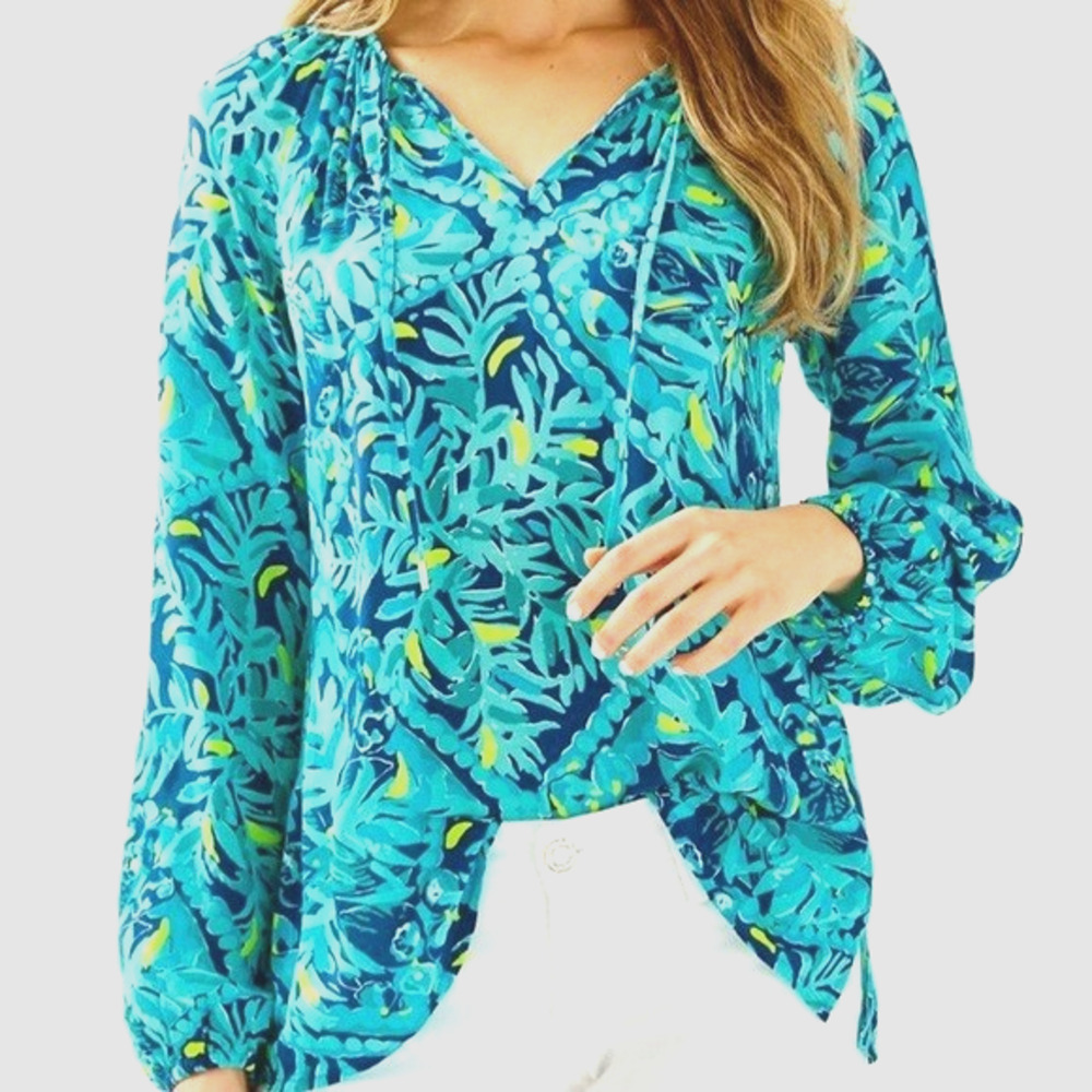 Lilly Pulitzer Willa Top Size XS Indigo Midnight Cove Print Tropical Leaf Resort